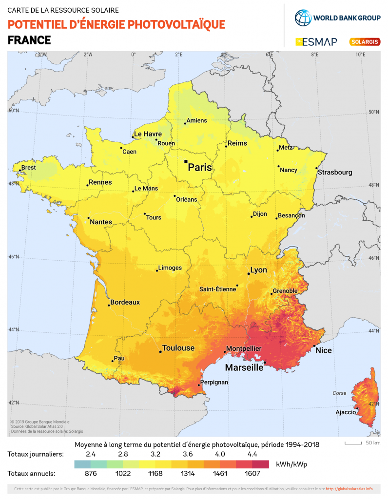 Le lieu géographique à un impact direct sur l'efficacité de production d'électricité de votre installation solaire. Cette carte vous permets de déterminer le taux d'ensoleillement de votre région en France.