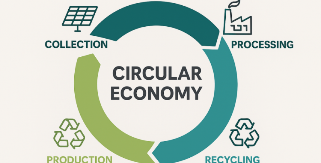 Cercle représentant l’économie circulaire, avec des flèches indiquant la production, l’usage, la réutilisation et le recyclage des ressources.